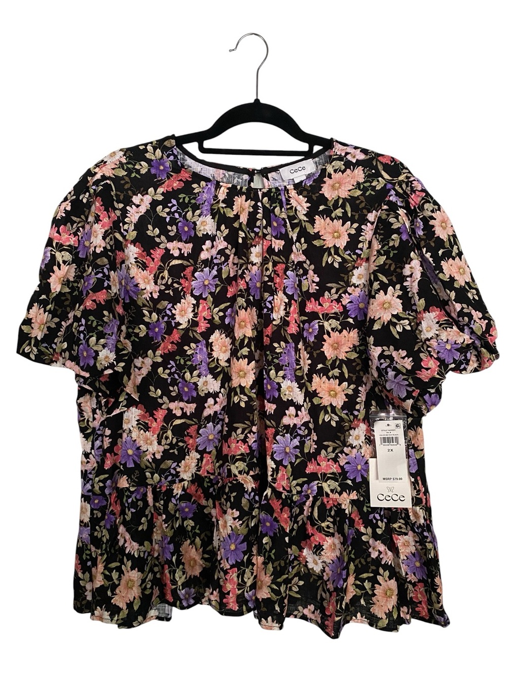 CeCe NWT Floral Puff Sleeve Peplum Top Rich Black Womens Plus Size Linen Cotton